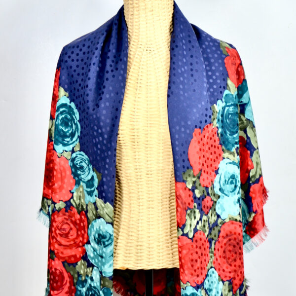 Charles Jourdan silk shawl large navy blue aqua red roses french designer silk scarf couture 1