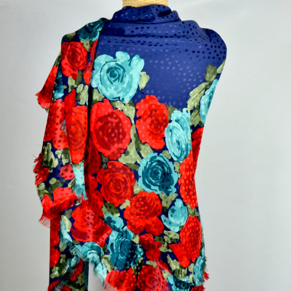 Charles Jourdan silk shawl large navy blue aqua red roses french designer silk scarf couture 2 (1)