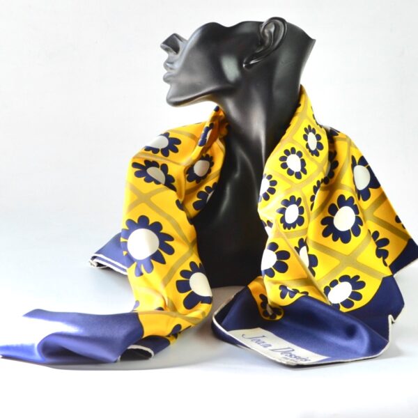 Jean desses silk scarf vintage french designer scarf op art design 1960s navy blue yellow (1)