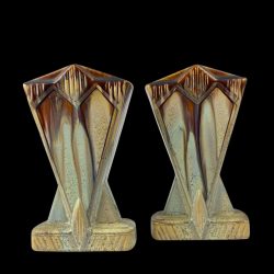 Pair of Thulin Belgian Art Deco stoneware vases with green and brown drip glaze