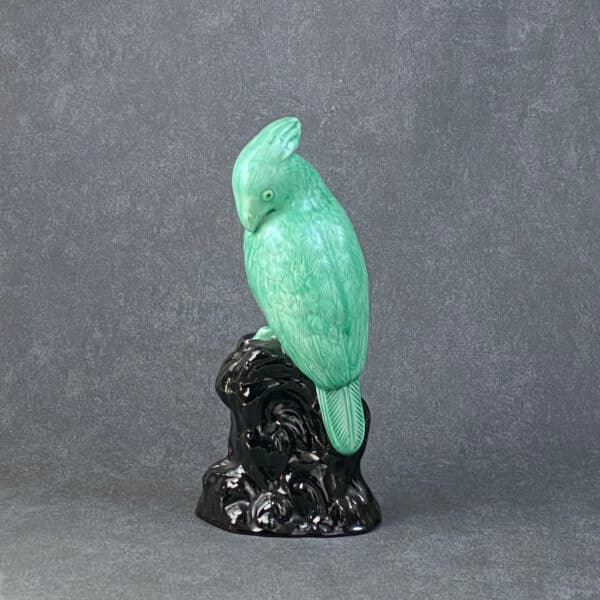 PM Sevres Paul Milet Sevres Art Deco polychrome sculpture, parakeet c1935 green and black