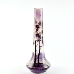 Leune art deco enamelled glass vase with purple landscape