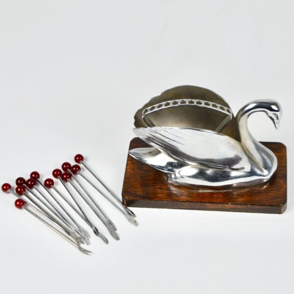 Art Deco cocktail stick set - swan, in chrome and bakelite 1930s 2