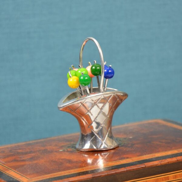 Art deco chrome and bakelite cocktail stick set basket