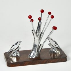 birds and tree art deco cocktail stick set chrome and bakelite 1930s vintage barware