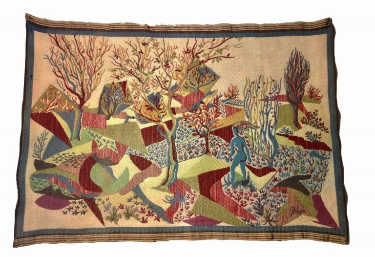 Mid Century modern tapestry wall hanging signed Divine Style French