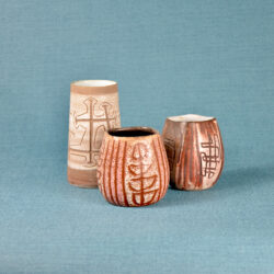 Trio of small Accolay sgraffito vases mid century French pottery 1950s ceramics French studio pottery