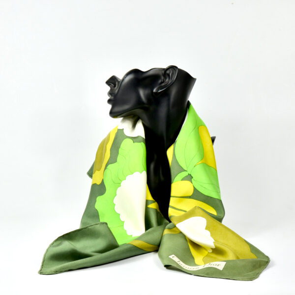 Christian Dior 1970s silk scarf, green flower power design - Image 2