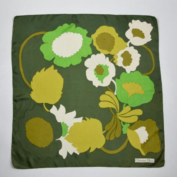 Christian Dior 1970s silk scarf green flower power vintage paris designer scarf
