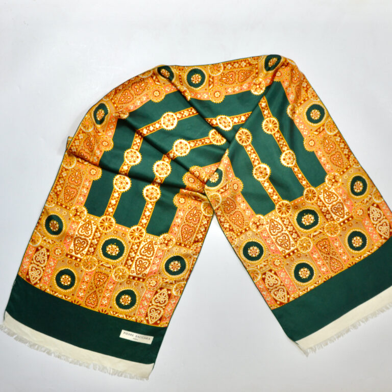 Foulard En Soie Vintage Pierre Baccara Paris - 90x90 Cm, Vert Et Marron, Carré élégant