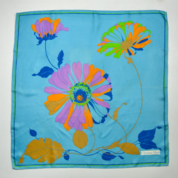 christian dior silk scarf 1970s acid brights floral french vintage designer scarf