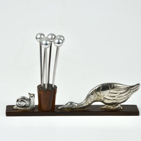 Duck snail Art Deco cocktail stick set chrom macassar ebony French 1930s antique barware 1