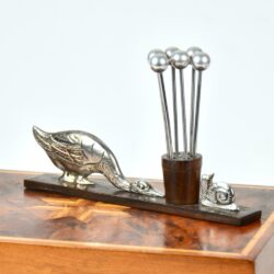 Duck snail Art Deco cocktail stick set chrom macassar ebony French 1930s antique barware