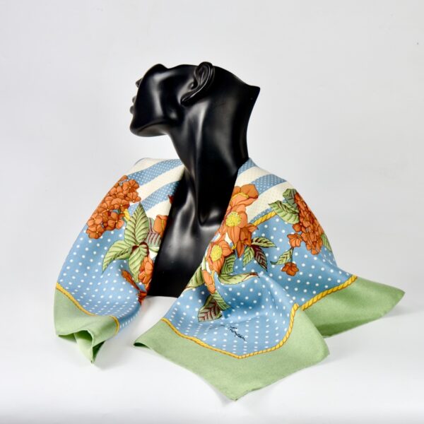 Jim Thompson pre-owned Thai silk scarf green blue floral (1)