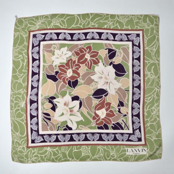 Lanvin silk scarf 1970s green purple floral french vintage designer scarf