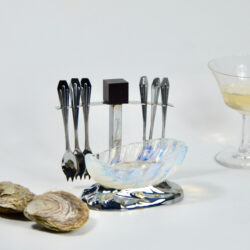 Jacques Adnet Art Deco opalescent oyster bowl spoon set condiment set hors d'oeuvres 1930 1