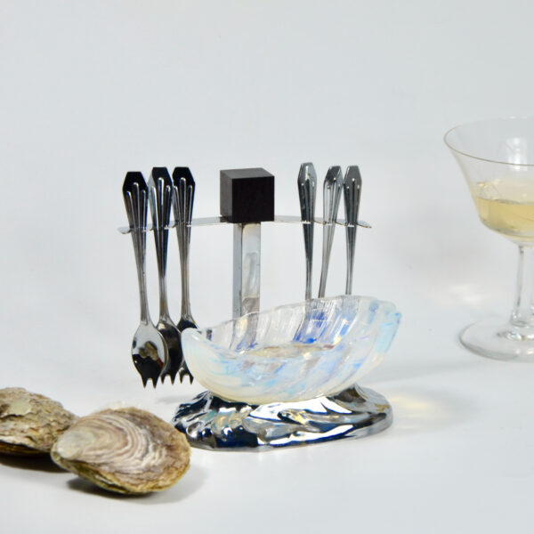 Jacques Adnet Art Deco opalescent oyster bowl spoon set condiment set hors d'oeuvres 1930 1