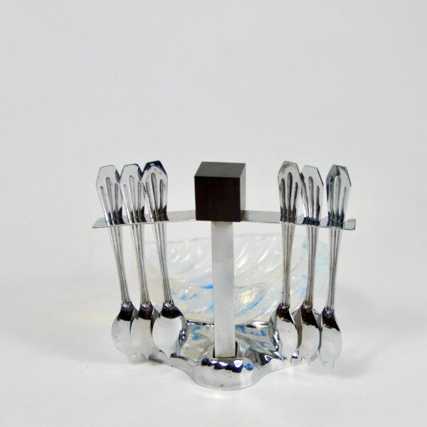 Jacques Adnet Art Deco opalescent oyster bowl spoon set condiment set hors d'oeuvres 1930 2