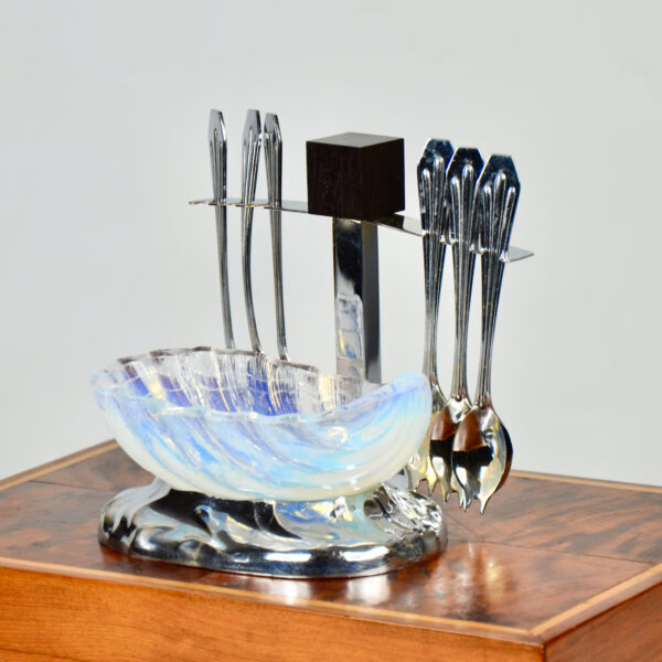 Jacques Adnet Art Deco opalescent oyster bowl spoon set condiment set hors d'oeuvres 1930 4