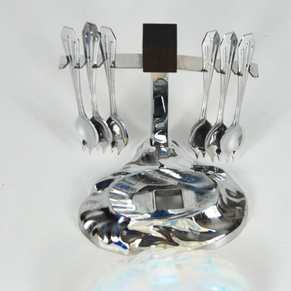 Jacques Adnet Art Deco opalescent oyster bowl spoon set condiment set hors d'oeuvres 1930 5