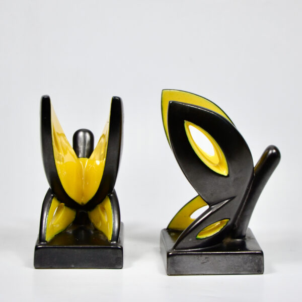 Primavera Art Deco bookends by CAB Bordeaux black yellow butterfly 1930 French ceramic 2