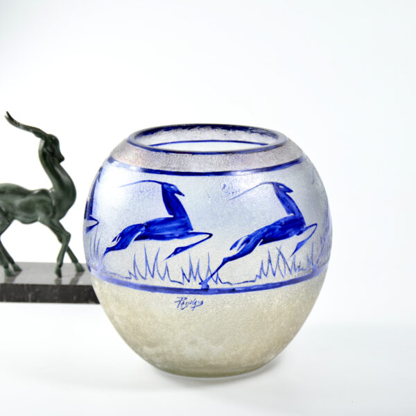jean-Simon Peynaud art deco globe vase leaping gazelles 1920s french glass cobalt blue 1930s 1