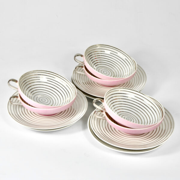 Limoges Art Deco tea cups saucers pink silver 1930 TLB Touze Lemaitre Blancher Primavera French porcelain tete a tete 1
