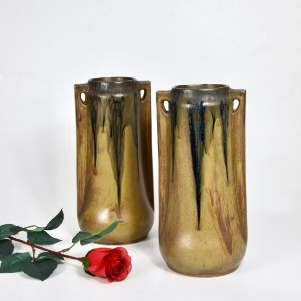 Pair of large Denbac vases art deco stoneware French pottery drip glaze 1930s