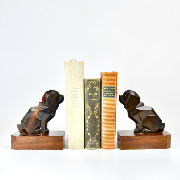 art deco macassar book ends dogs pair of basset hounds 1930s ebony figural cubist bookends 3