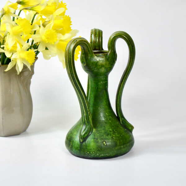belgian-art-nouveau-vase-with-3-handles-c1900-art-pottery-green-vase 4