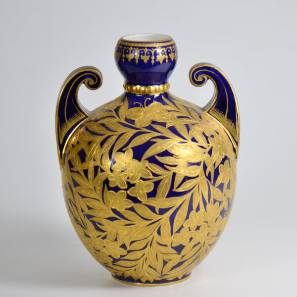 crown derby cobalt blue gold gilt scroll handle vase Victorian english porcelalin pottery 1880s