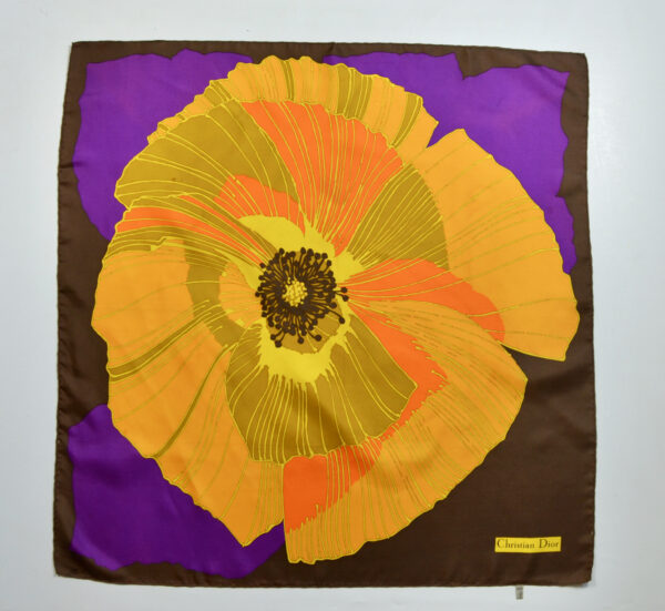 Christian Dior silk scarf vintage French couture scarf floral poppy orange purple 1970s