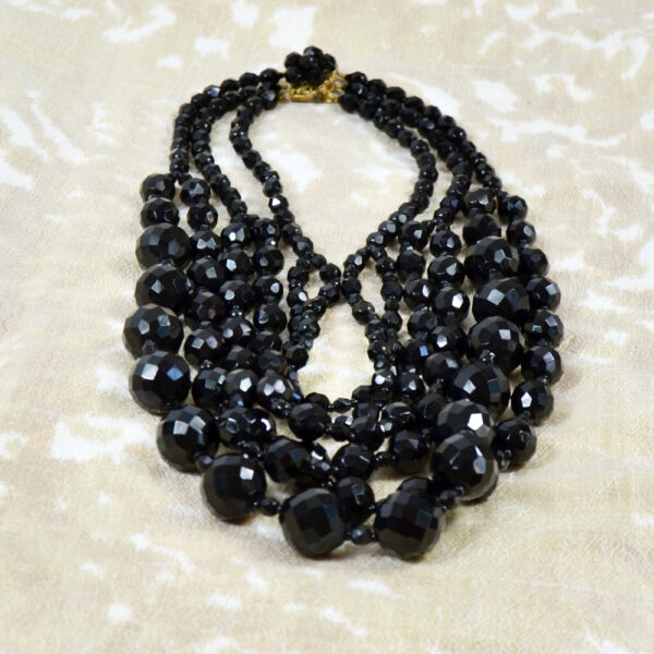 French jet multi-strand cascade necklace faceted beads 1960s 3