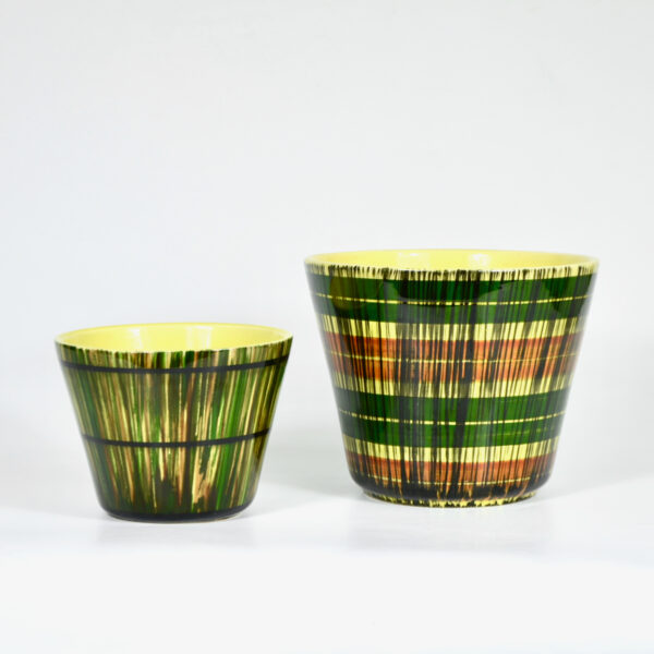 2 mid century st-clement-cachepots-planters-1950s-french-pottery 1950s green and yellow hand painted 1