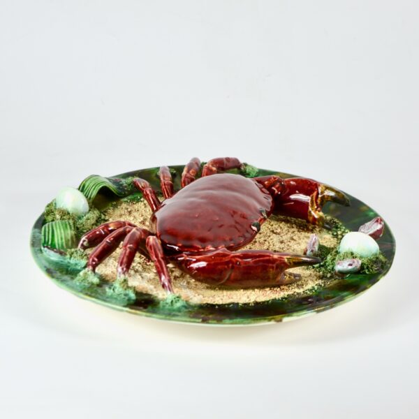 large Majolica crab plate, Palissy style, Portugal 12 inch assiette barbotine crabe 1
