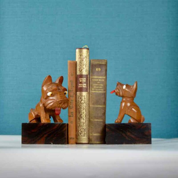 1930s bookends,1930s scottie dog bookends,art deco book ends,art deco bookends,bakelite bookends,lot de 2 serre livres Ric et Rac,macassar wood bookends,pair of bookends b