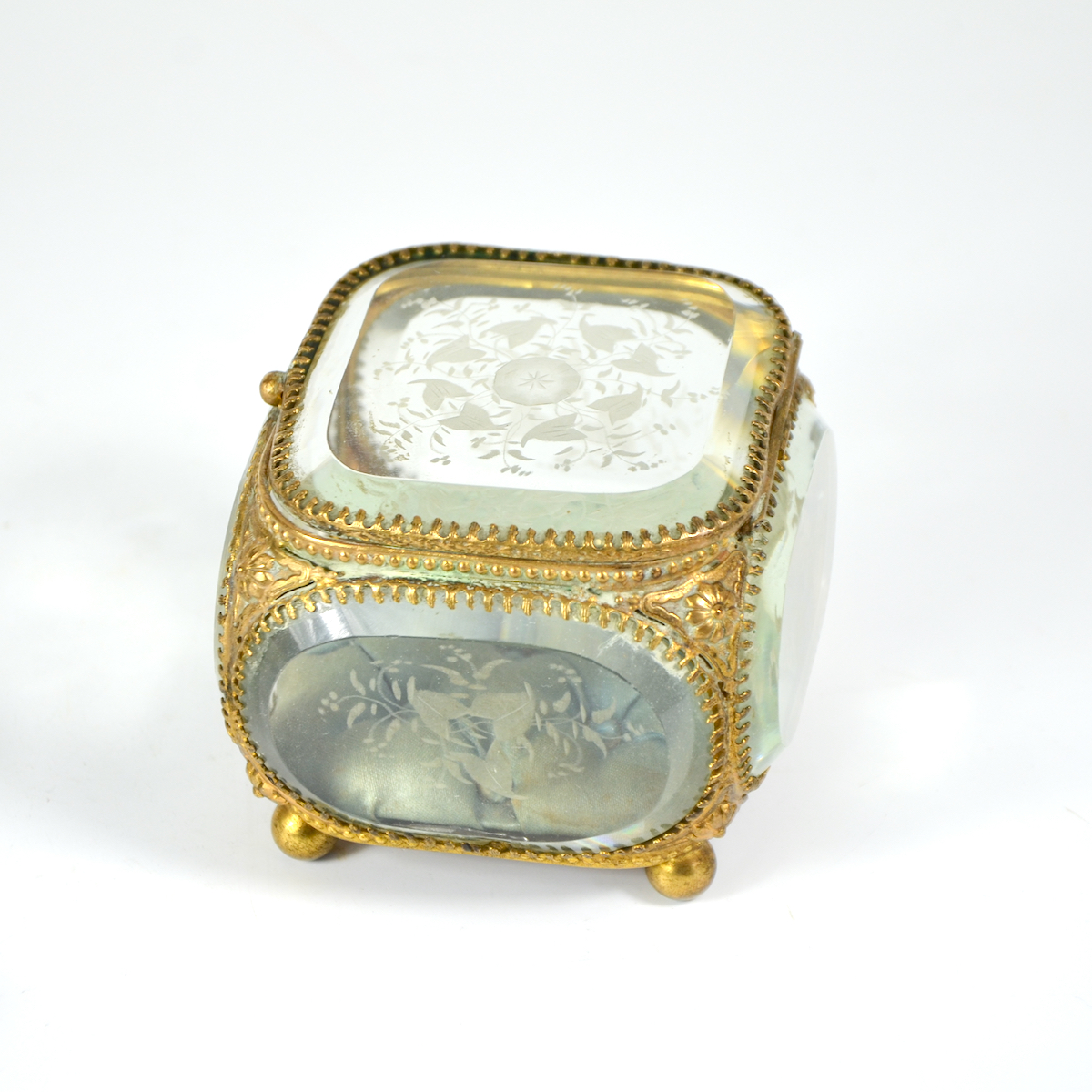Vintage Gold ~ Brass Glass Jewelry Box, 1950's Brass Floral Jewelry Box  with Glass Top and Glass Interior, Vintage Jewelry storage