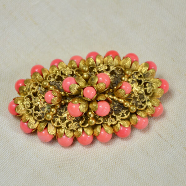 large 1930s gilt brooch Czech glass coral beads 1