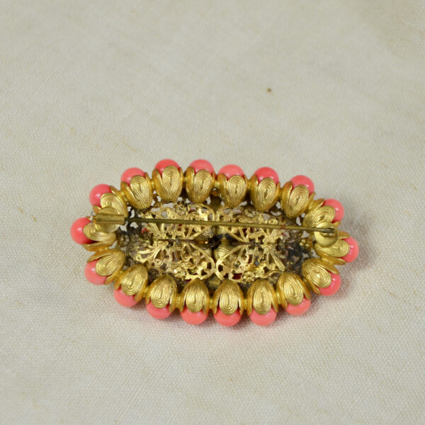 large 1930s gilt brooch Czech glass coral beads art deco brooch 3