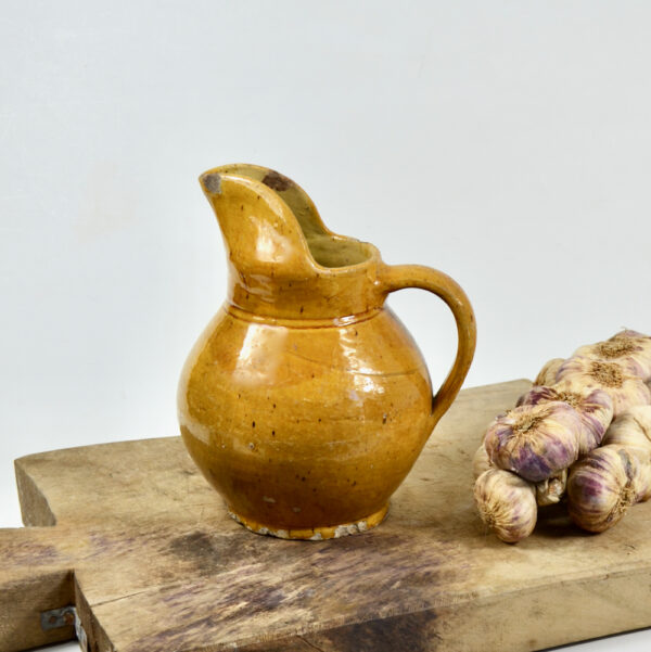 Antique French cruche water jug with mustard yellow glaze