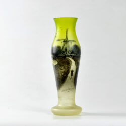 Art Nouveau enamelled uranium glass vase by Michel, Nancy absinthe green c1900