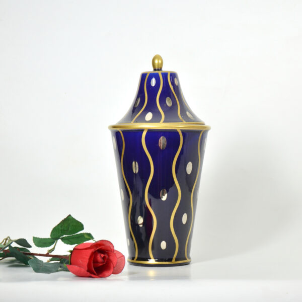 Gustave Asch Art Deco vase with lid Sainte Radegonde blue silver and gold 20thc French faience