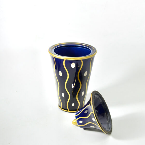 Gustave Asch Art Deco vase with lid Sainte Radegonde blue silver and gold 20thc French pottery 1