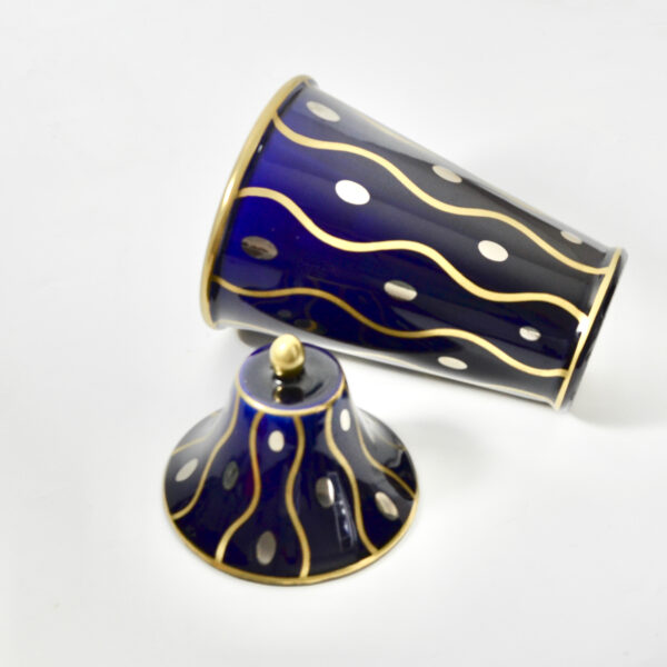 Gustave Asch Art Deco vase with lid Sainte Radegonde blue silver and gold 20thc French pottery 2