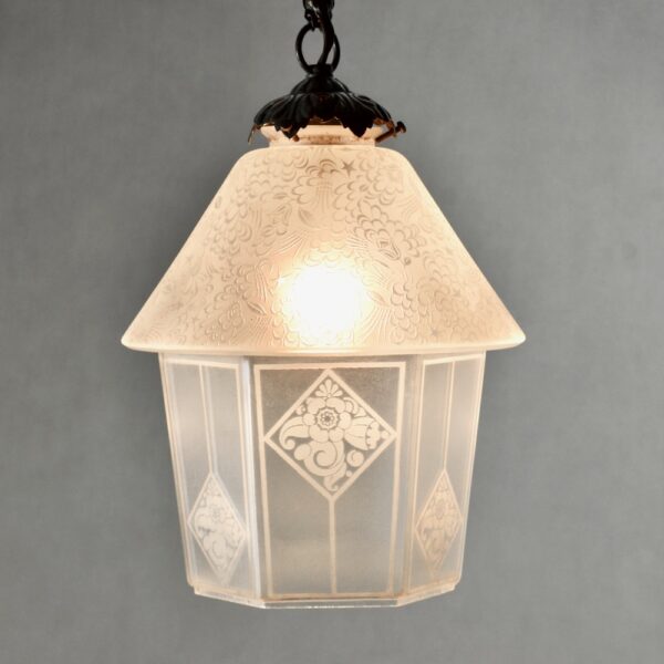 Antique 19thc French engraved glass lantern pendant light (6)