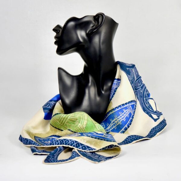 1950s Maggy Rouff silk scarf Greek warrior blue and green French vintage designer scarf