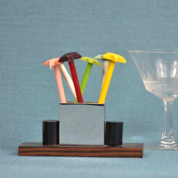 Art Deco cocktail stir sticks in chrome, bakelite, macassar