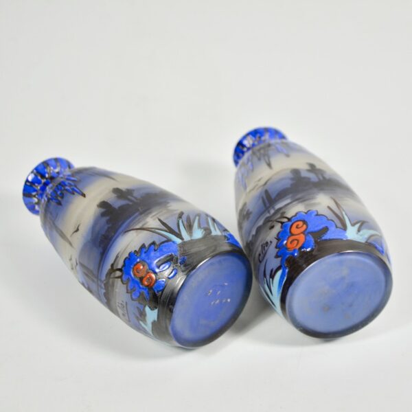 pair french art deco enamelled glass vases by Clio vases