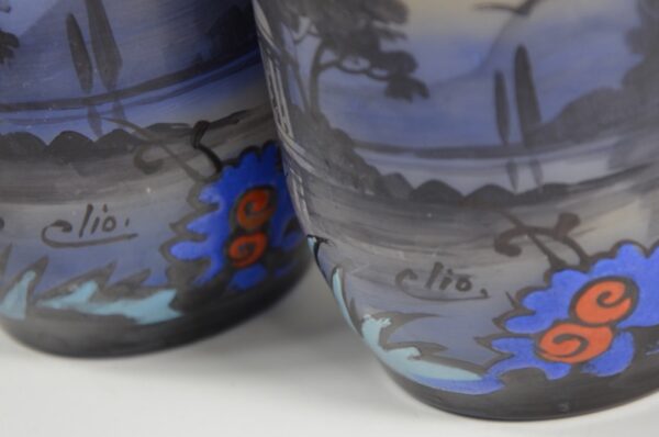 pair french art deco enamelled glass vases by Clio vases