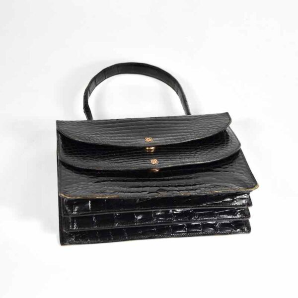 vintage black crocodile handbag, top handle bag d